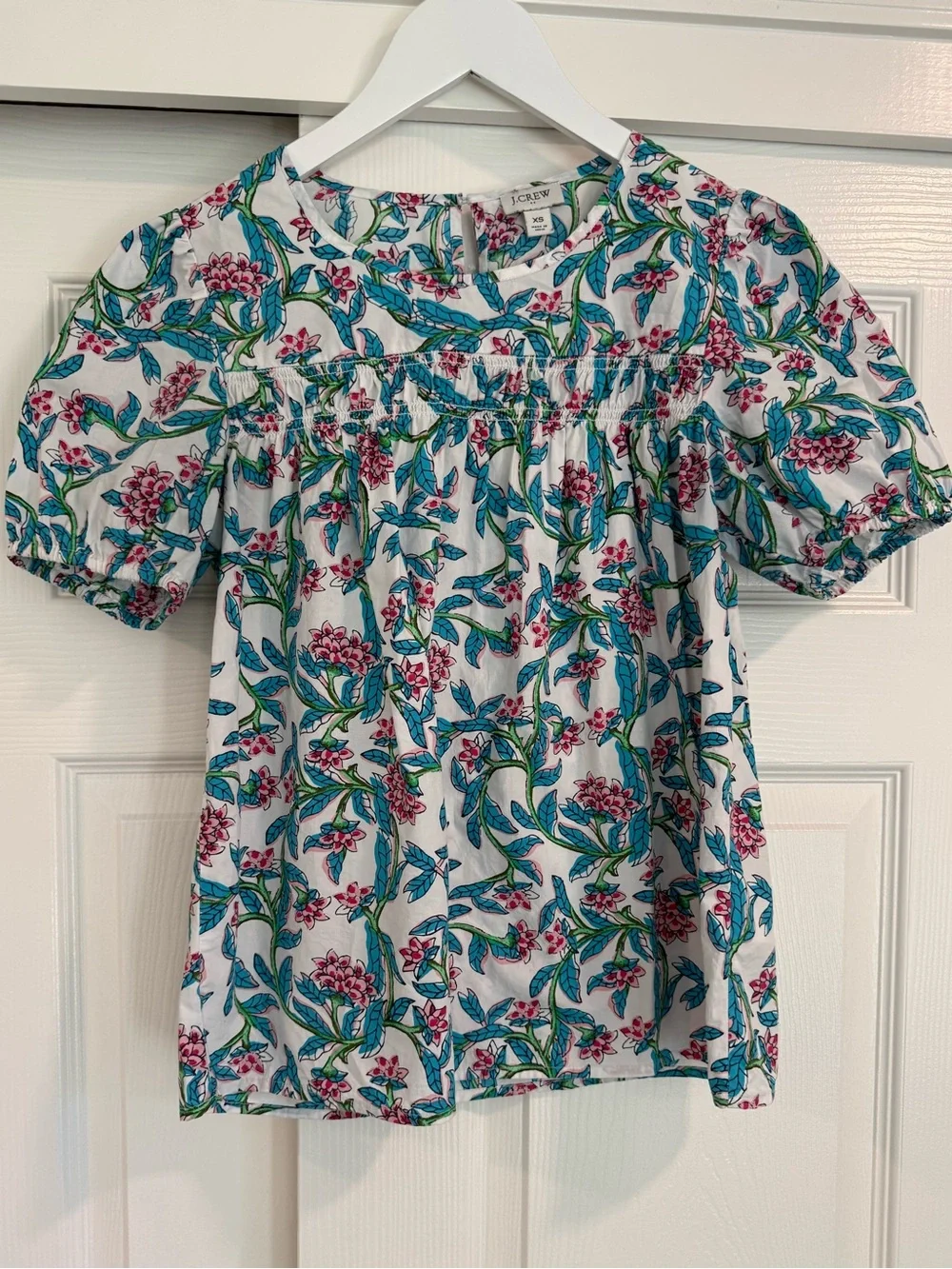 J. Crew 100% Cotton Puff Sleeve Bright Blue and Pink Floral Blouse